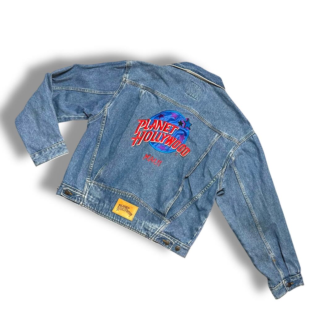 Vintage 90s Planet Hollywood Maui Denim Trucker Jean Jacket Embroidered Sz M